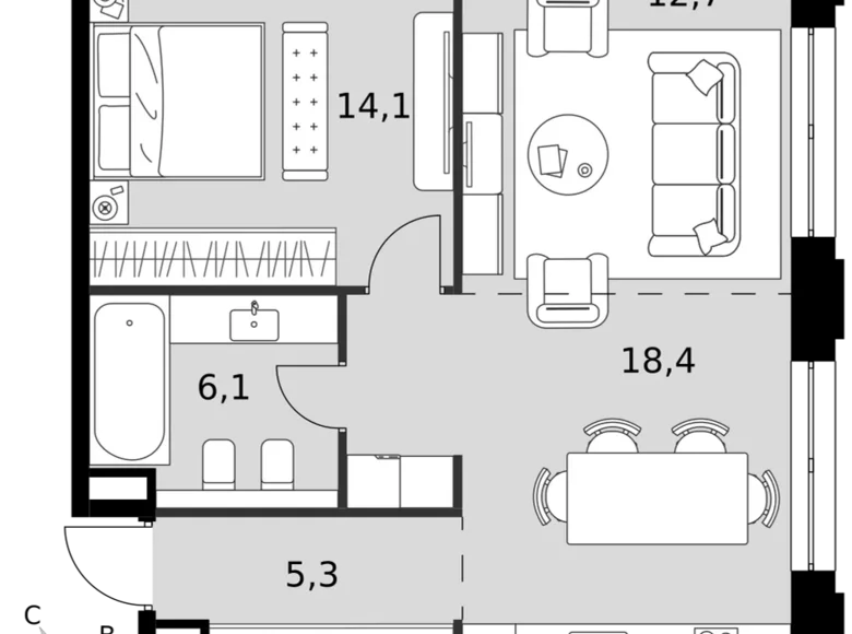 2 room apartment 57 m² North-Western Administrative Okrug, Russia