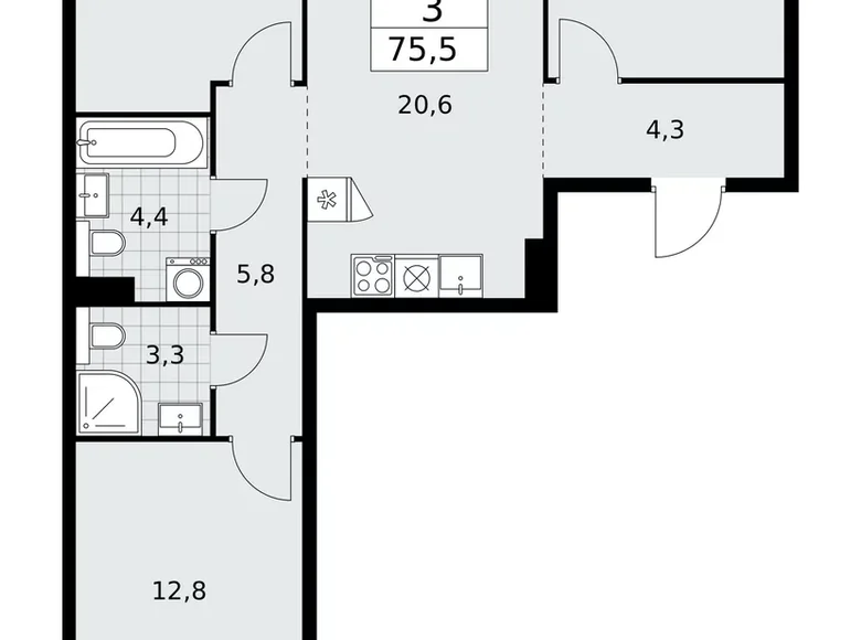 3 room apartment 76 m² poselenie Sosenskoe, Russia