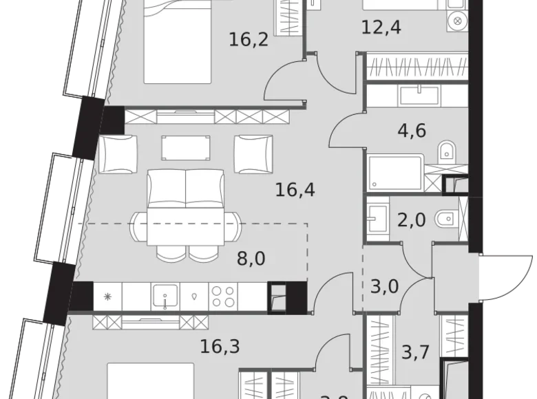 3 room apartment 92 m² North-Western Administrative Okrug, Russia