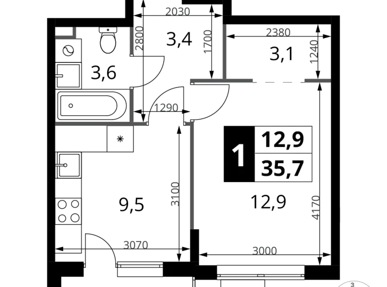 1 room apartment 36 m² Khimki, Russia