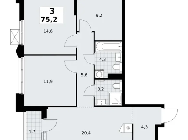 3 room apartment 75 m² Troitsk, Russia