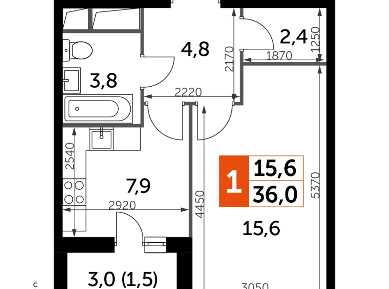 1 room apartment 36 m² Razvilka, Russia