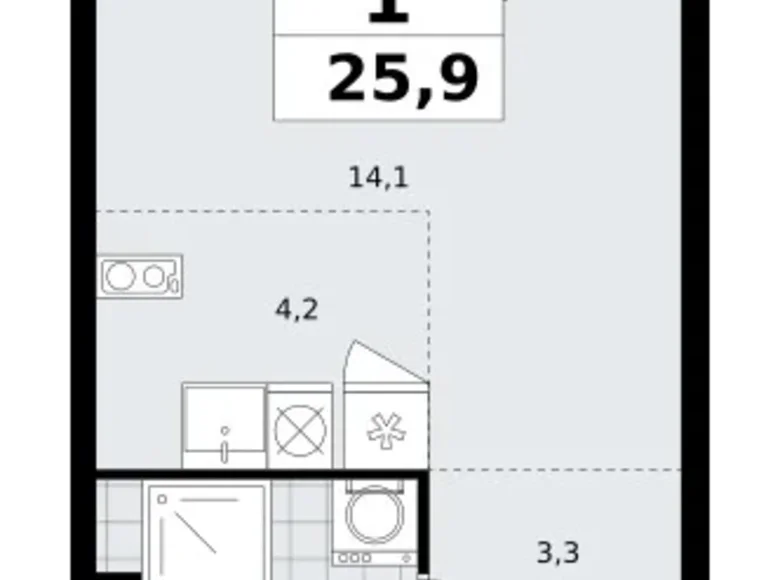 1 room apartment 26 m² South-Western Administrative Okrug, Russia