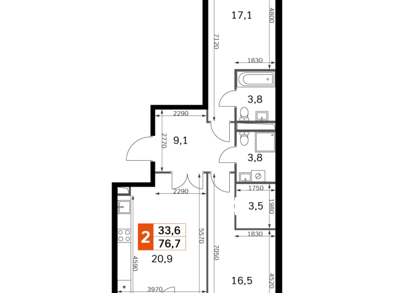 Квартира 2 комнаты 77 м² Москва, Россия