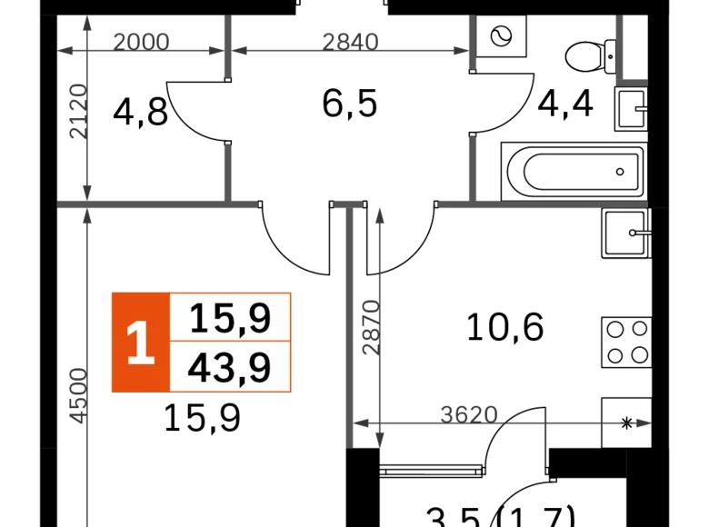 Квартира 1 комната 44 м² Москва, Россия