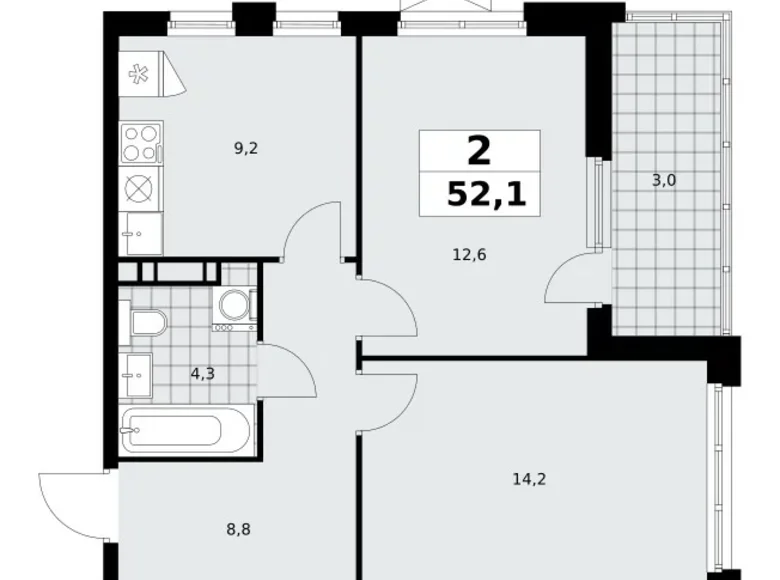 2 room apartment 52 m² Moscow, Russia