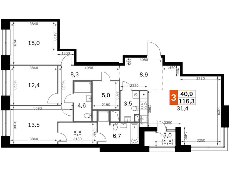 Квартира 4 комнаты 116 м² Москва, Россия