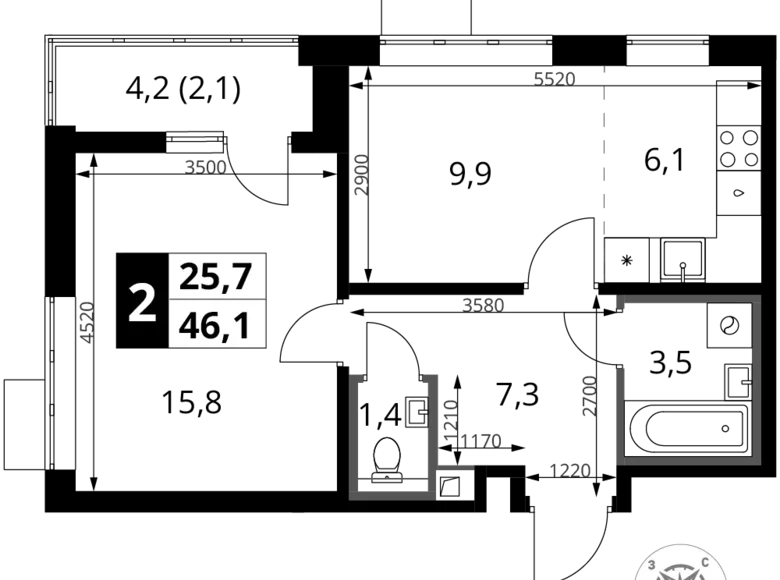 Mieszkanie 2 pokoi 46 m² Chimki, Rosja