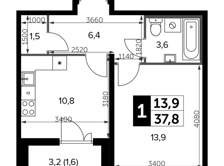 1 room apartment 38 m² Leninsky District, Russia