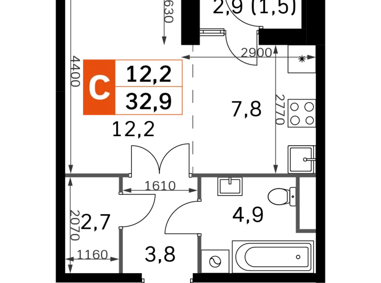 Студия 1 комната 33 м² Москва, Россия