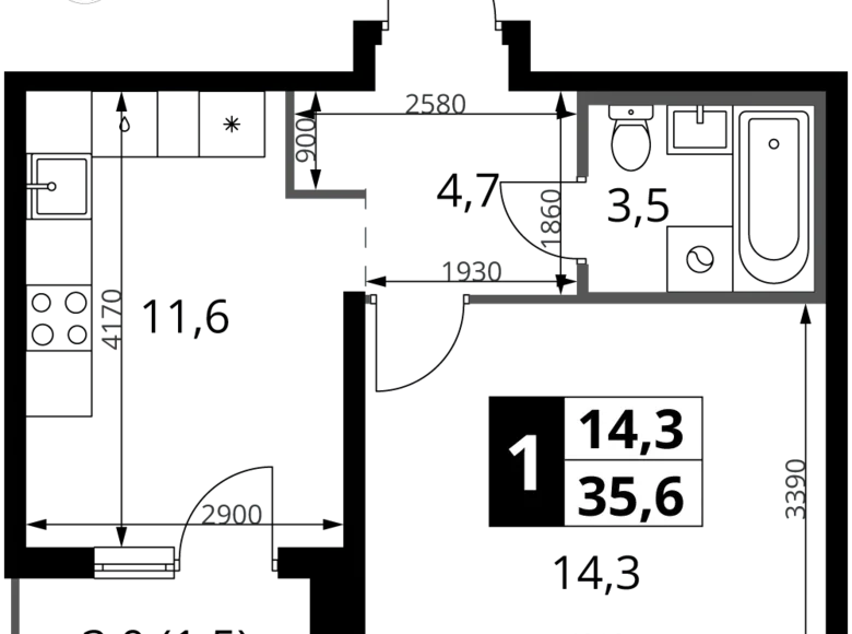 1 room apartment 36 m² Leninsky District, Russia