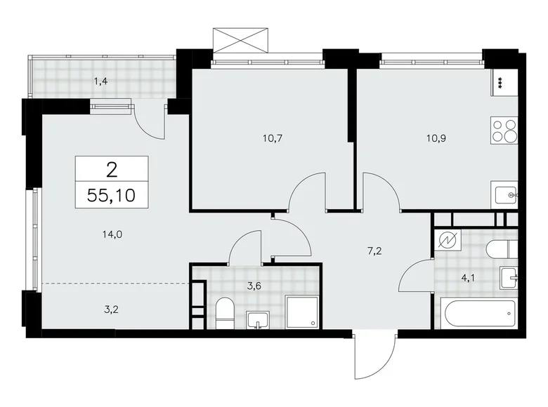 Квартира 2 комнаты 55 м² Москва, Россия