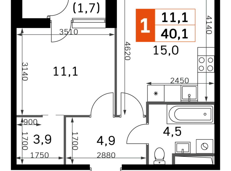 Квартира 1 комната 40 м² Москва, Россия