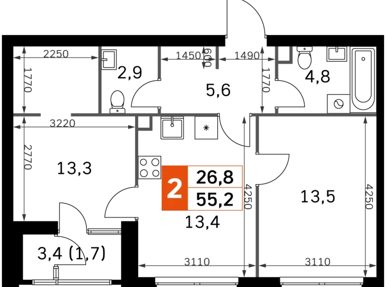 3 room apartment 55 m² Moscow, Russia