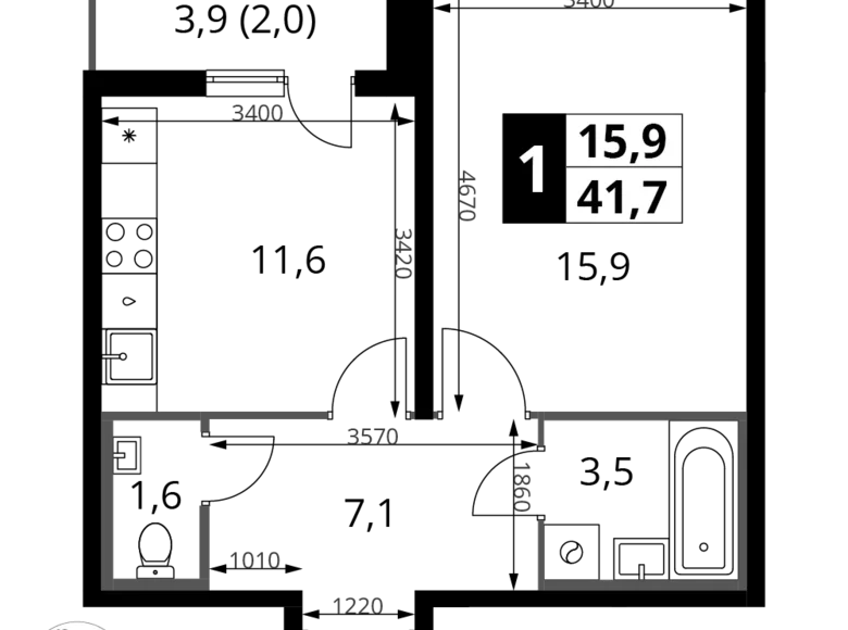 1 room apartment 42 m² Leninsky District, Russia