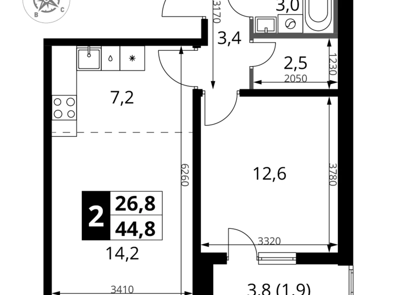 2 room apartment 45 m² Potapovo, Russia