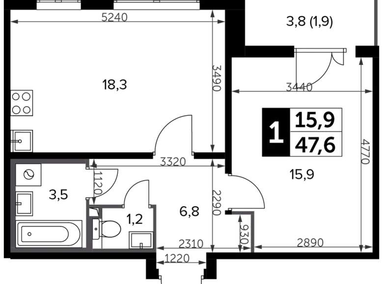 1 room apartment 49 m² Leninsky District, Russia