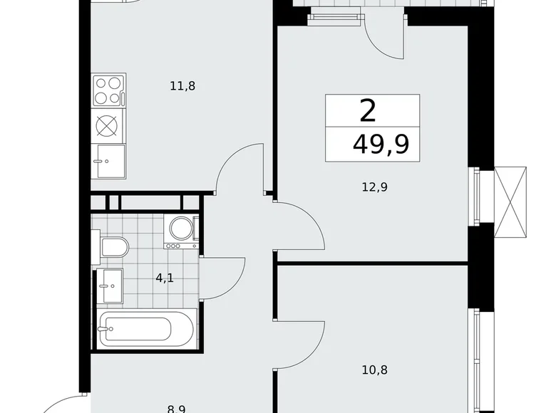 2 room apartment 50 m² Moscow, Russia