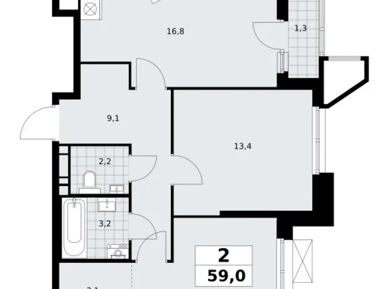 2 room apartment 59 m² poselenie Sosenskoe, Russia