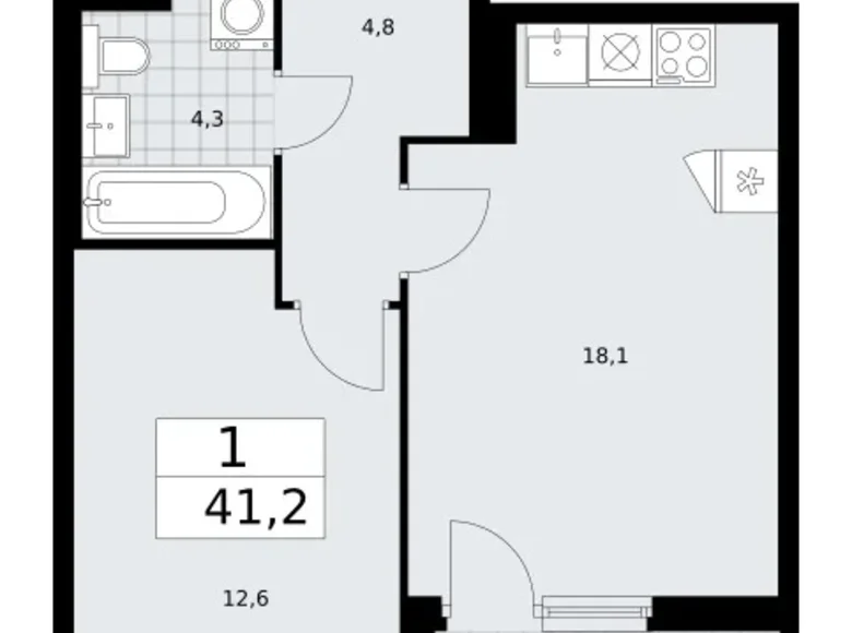 1 room apartment 41 m² Troitsk, Russia