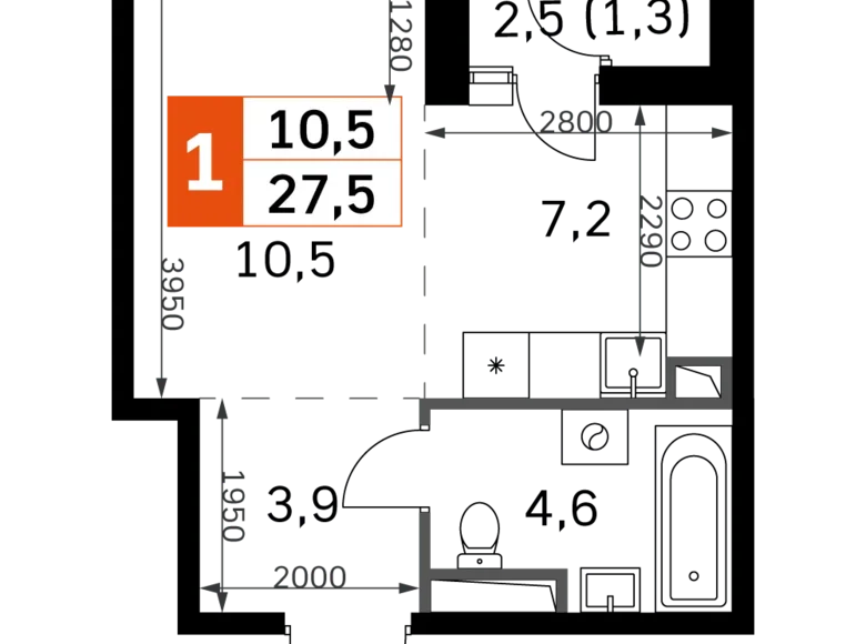 Студия 1 комната 28 м² Москва, Россия