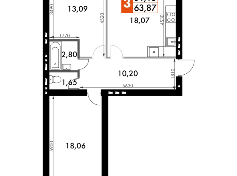 2 room apartment 64 m² Naro-Fominskiy gorodskoy okrug, Russia