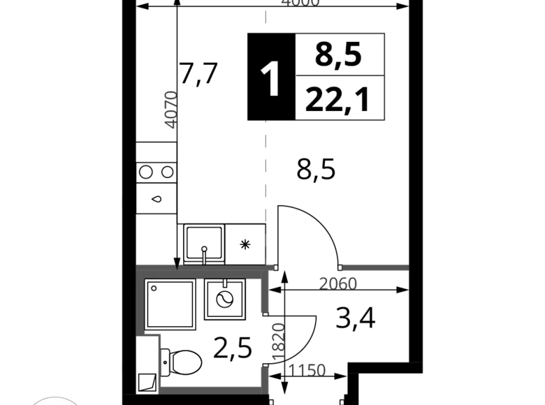 Студия 1 комната 22 м² Химки, Россия