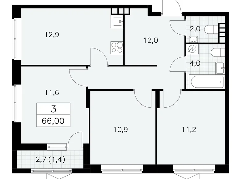 Wohnung 3 Zimmer 66 m² poselenie Sosenskoe, Russland