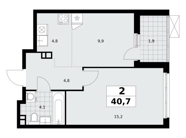 2 room apartment 41 m² Moscow, Russia