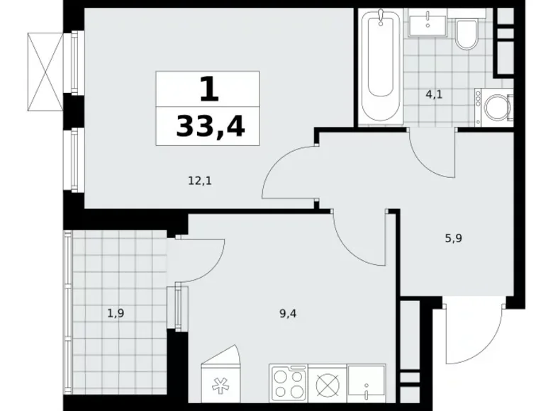 1 room apartment 33 m² Moscow, Russia