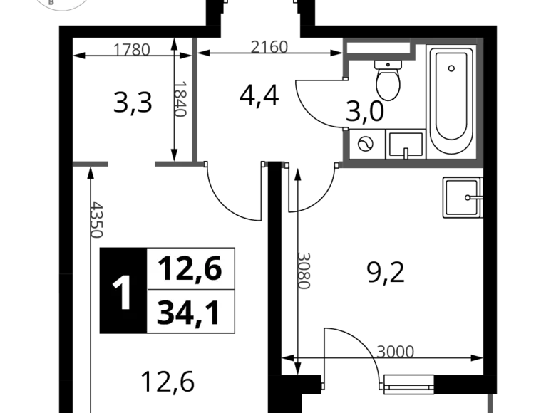 1 room apartment 34 m² Sapronovo, Russia