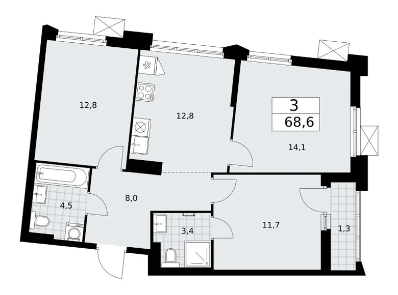 Apartamento 3 habitaciones 69 m² Troitsk, Rusia