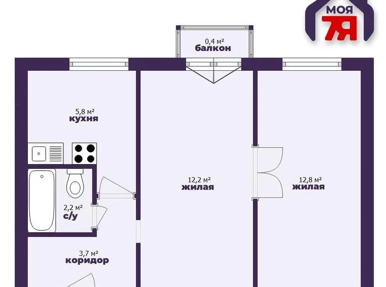 2 room apartment 37 m² Minsk, Belarus