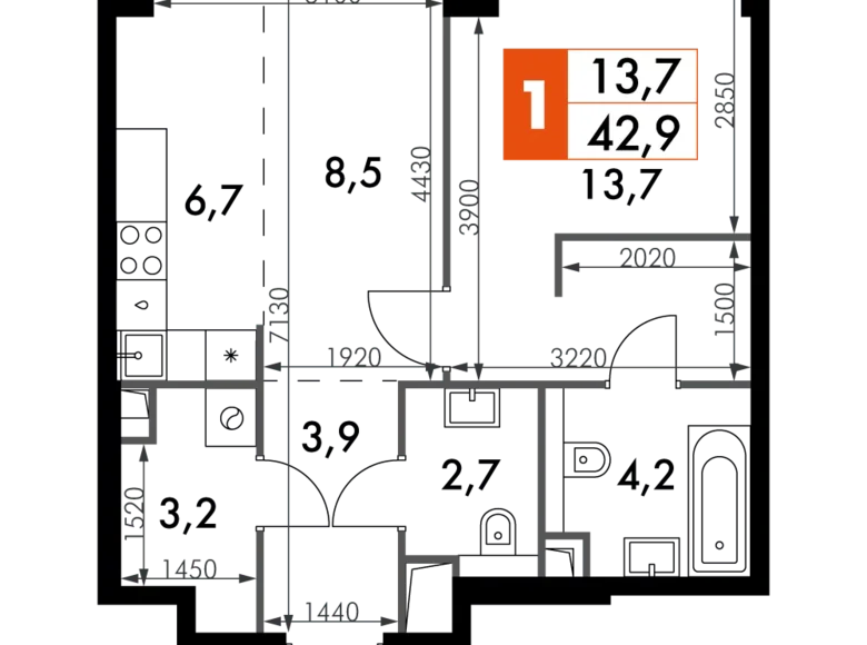 Квартира 1 комната 43 м² Северо-Западный административный округ, Россия