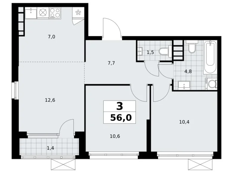 3 room apartment 56 m² South-Western Administrative Okrug, Russia