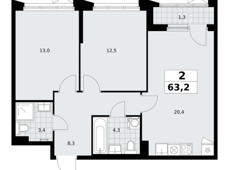 2 room apartment 63 m² Troitsk, Russia