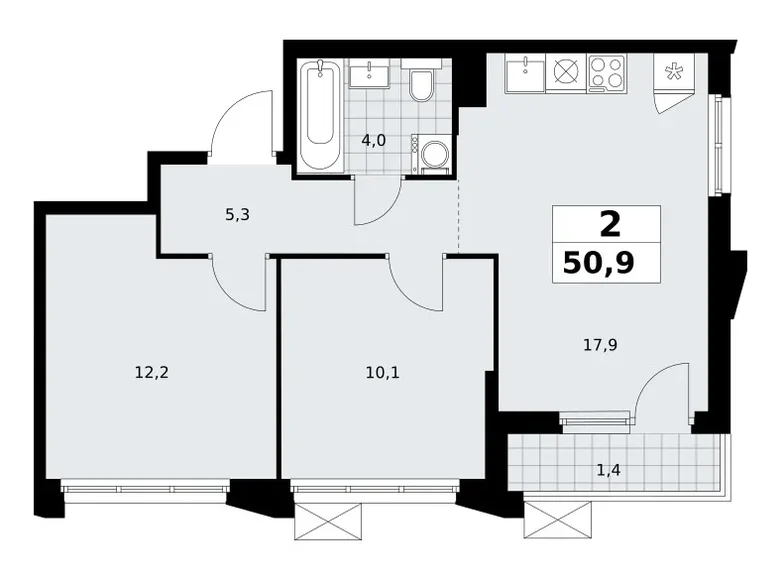 Квартира 2 комнаты 51 м² район Троицк, Россия