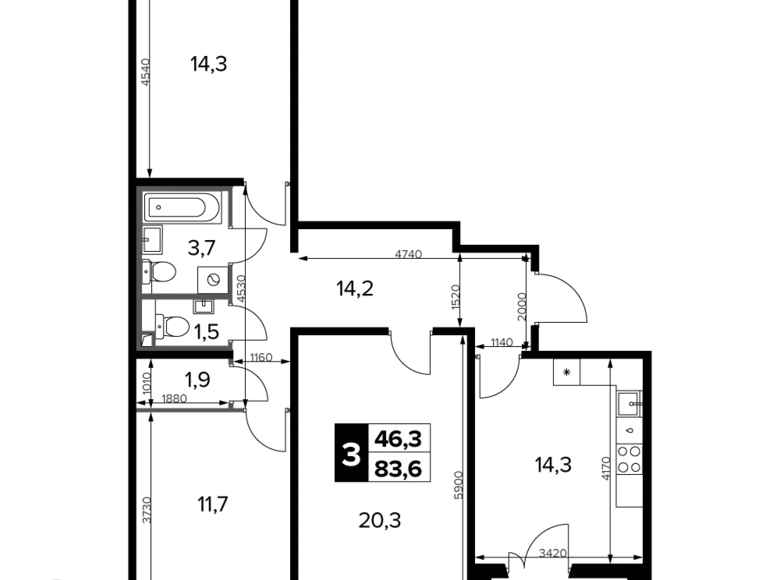 3 room apartment 84 m² Khimki, Russia