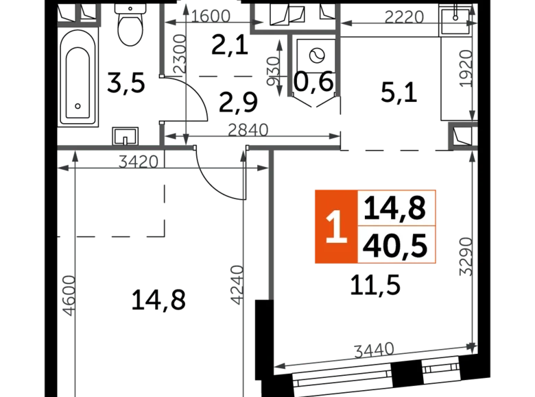 Квартира 1 комната 41 м² Москва, Россия