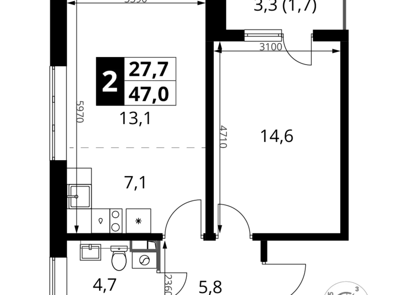 2 room apartment 47 m² Potapovo, Russia