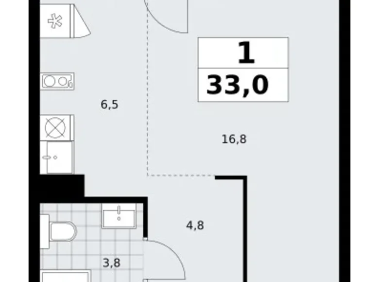 1 room apartment 33 m² Troitsk, Russia