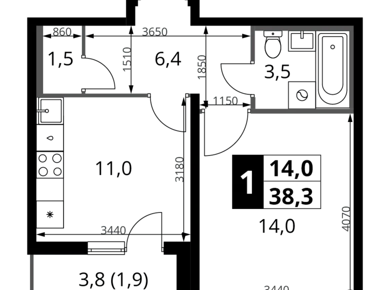 Квартира 1 комната 38 м² Химки, Россия