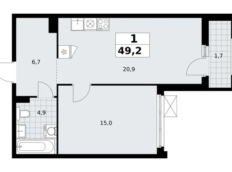 Квартира 1 комната 49 м² район Троицк, Россия