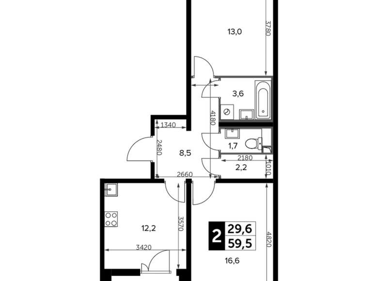 2 room apartment 60 m² Leninsky District, Russia