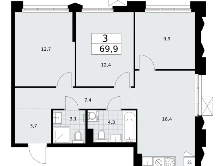 3 room apartment 70 m² Troitsk, Russia