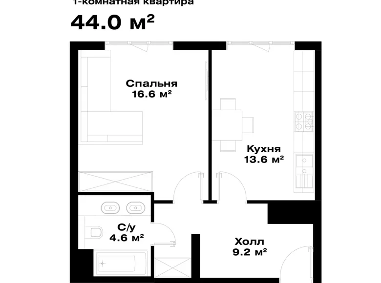 Kvartira 1 xona 44 m² Toshkentda