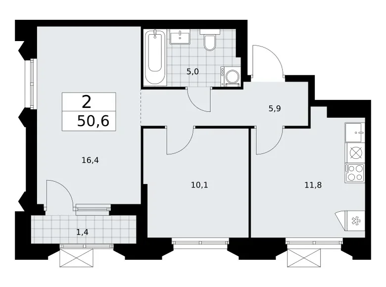 2 room apartment 51 m² Troitsk, Russia