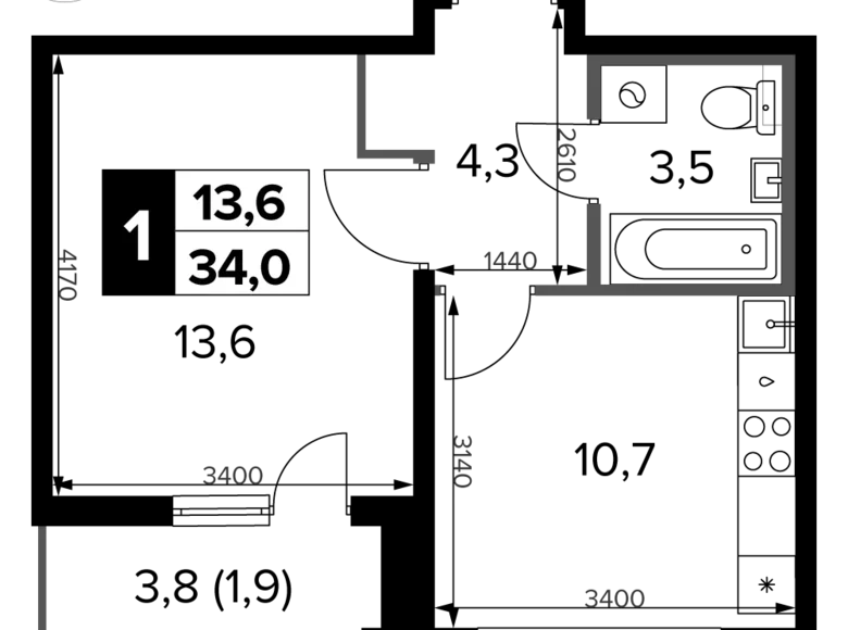 1 room apartment 34 m² Potapovo, Russia