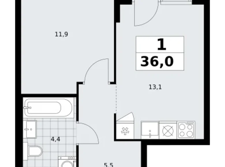 1 room apartment 36 m² Troitsk, Russia