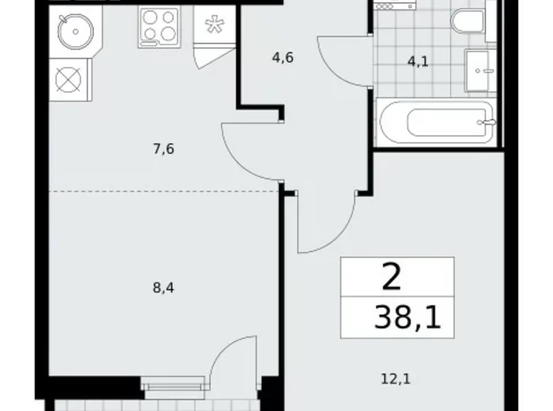 2 room apartment 38 m² Moscow, Russia